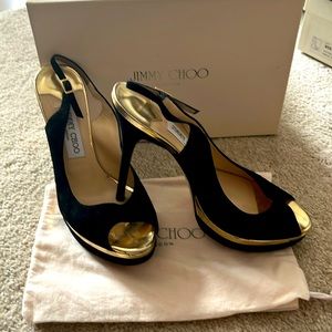 Jimmy Choo Suede Mirror Leather Black/Pure Gold Size 8